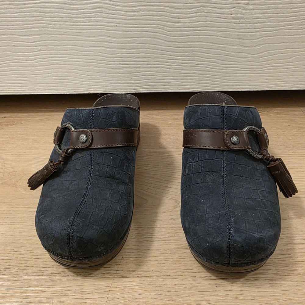 Dansko Blue Suede Brown Leather Tassels Shandi Boho Slip On Clogs Size 7.5 - Picture 3 of 8